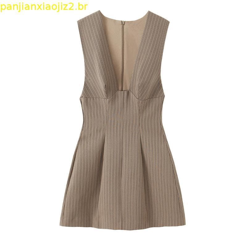 ZA 2026 Novo estilo feminino costura invisível zíper abertura fechamento com decote em V sem mangas vestido curto listra