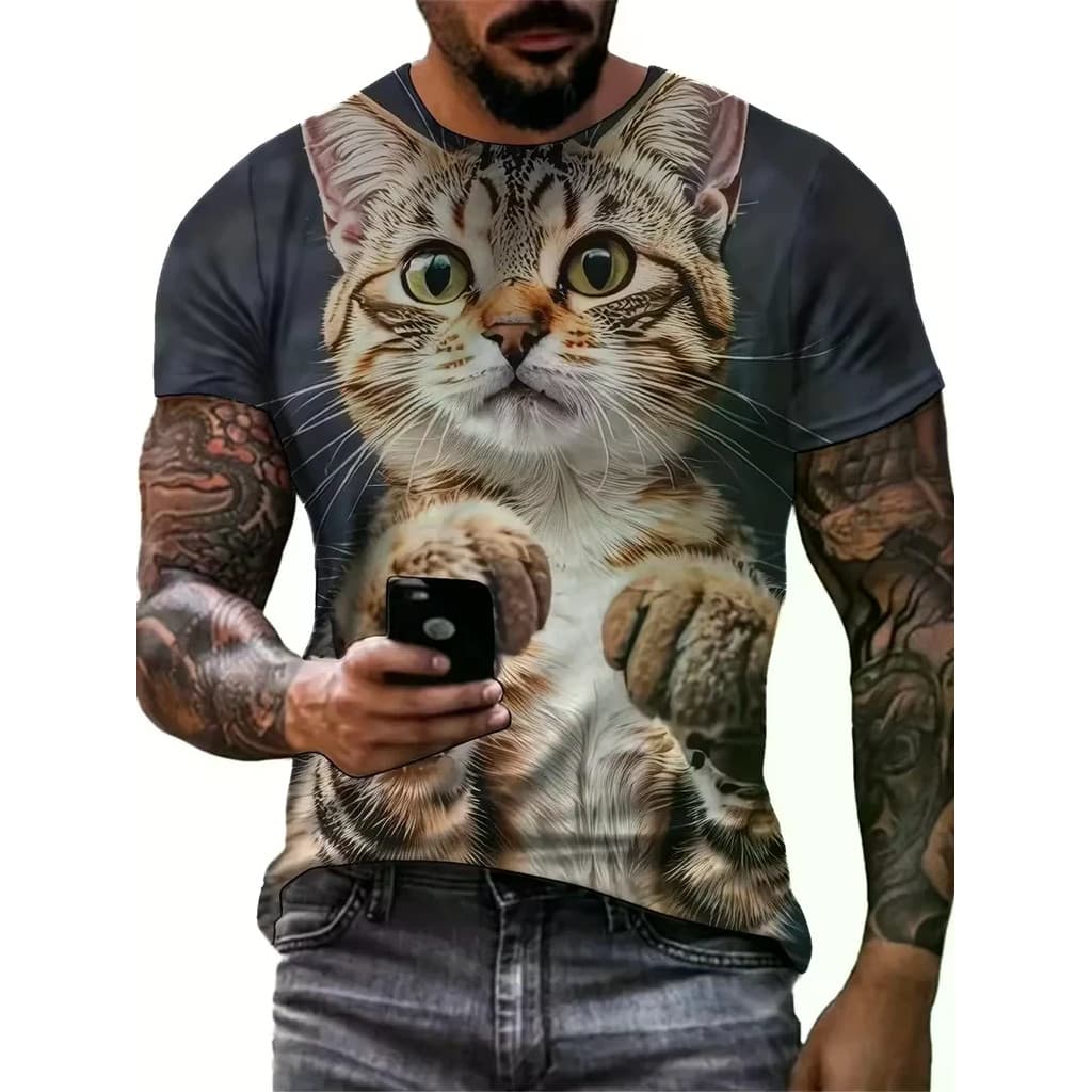 Engraçado Bonito Gato Gráfico Camisetas Masculinas Impressão 3D Masculino Feminino Manga Curta Camiseta Oversized Street