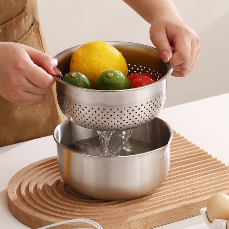 Cesto de drenagem em aço inoxidável 304 para cozinha doméstica, tigela multifuncional para amassar e bater ovos, bacia s