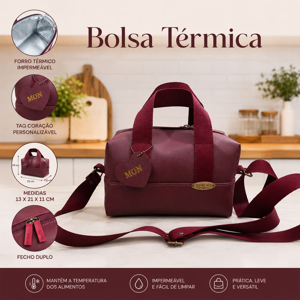 Bolsa Térmica Feminina Personalizada Marmiteira Lancheira Alça de Ombro e Mão Impermeável Rubi