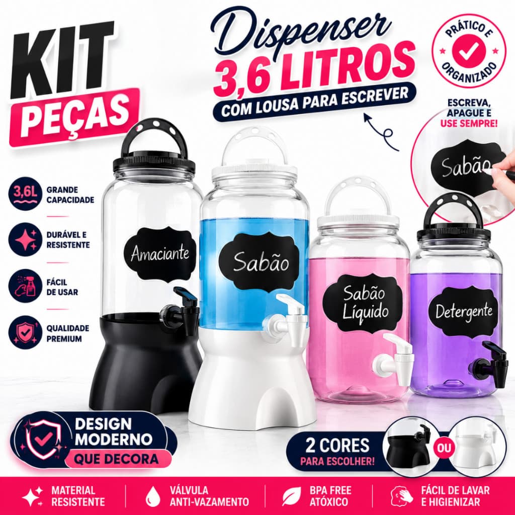 Dispenser Sabão Em Pó E Líquido Amaciante 3,6L Com Lousa Para Escrever Organizador
