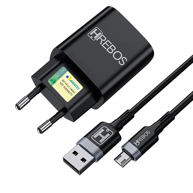 Kit Carregador Turbo 18w Saidas Usb + Cabo Micro Usb V8 Hrebos Hs-183 V Cor preto