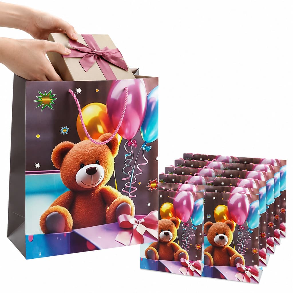 Kit 12 Sacolas Papel Presente Aniversário Urso Balões com Alça 32x26x10cm Tamanho Médio Festa