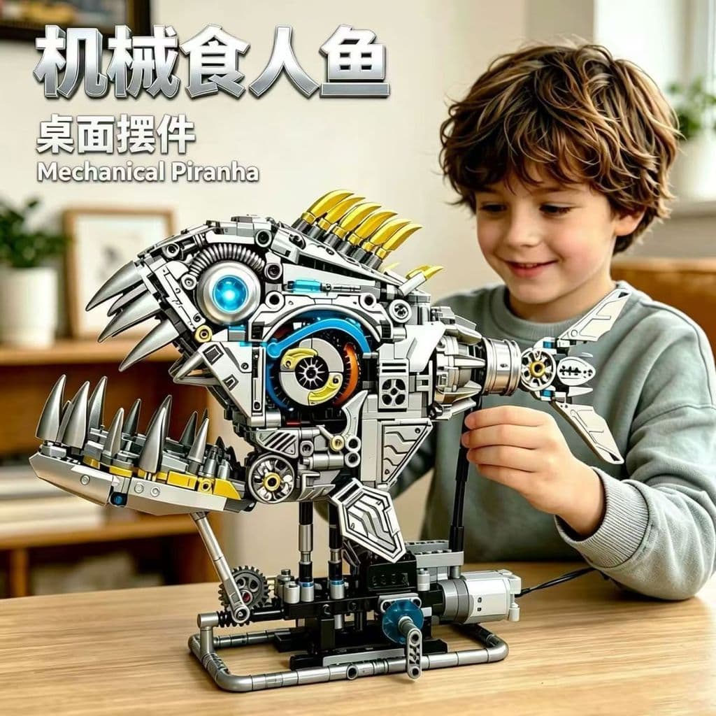 Novo produto⭐Piranha mecânica modelo Animal blocos de construção mecânico móvel montagem brinquedos educativos presentes