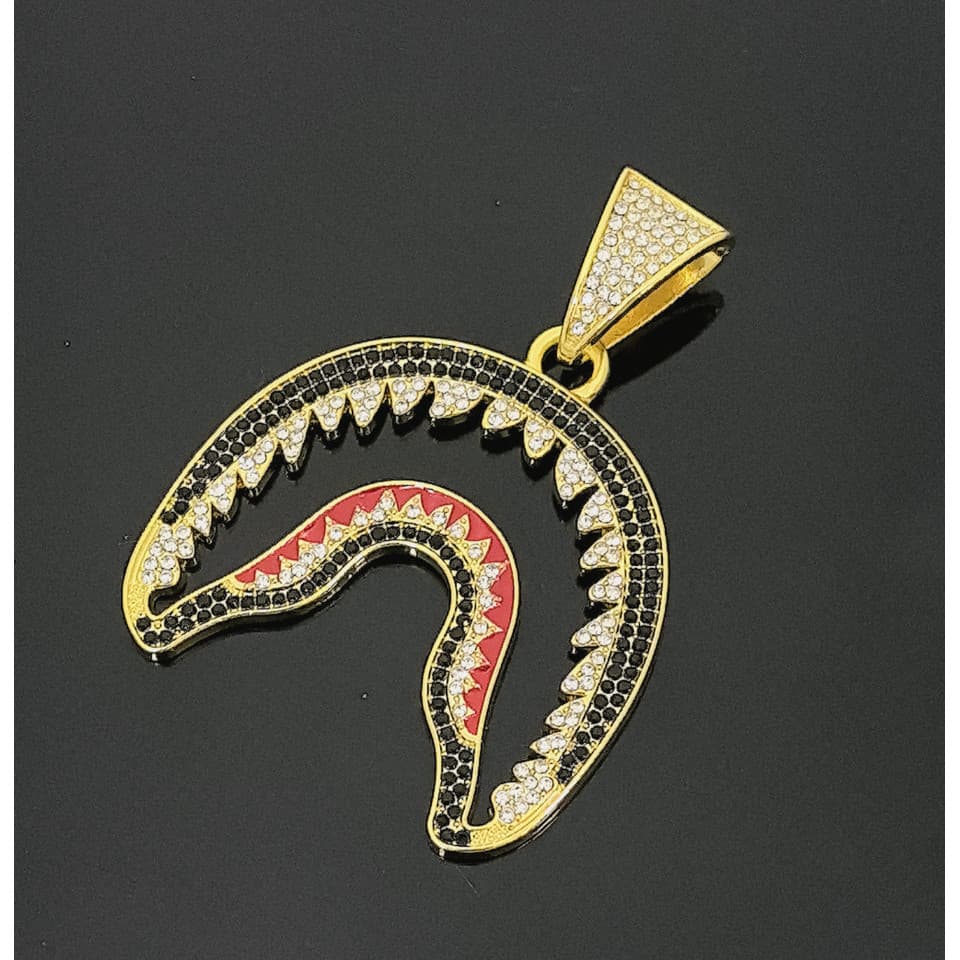 Tel: estilo rua cheio de diamante tubarão dente pingente corrente cubana masculino Hip Hop colar conexão de força IUBA