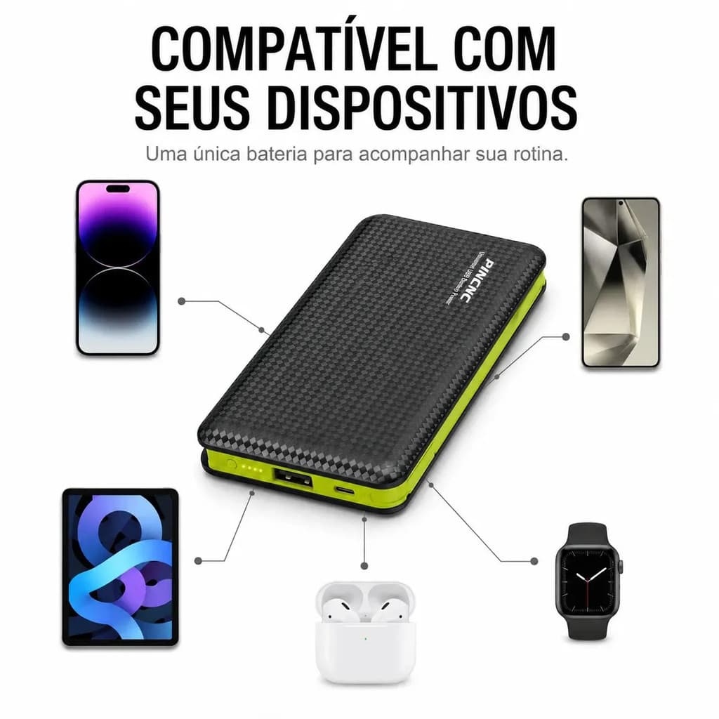 Power Bank 10000mah Carregador Portátil Carga Rápida Iphone Android Preto Entrada Tipo C e Tipo A