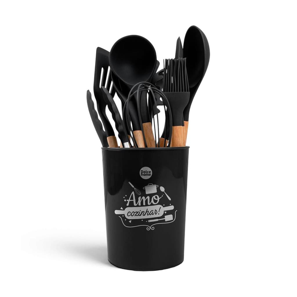 Conjunto de utensílios silicone 12 peças com suporte preto- Dolce Home