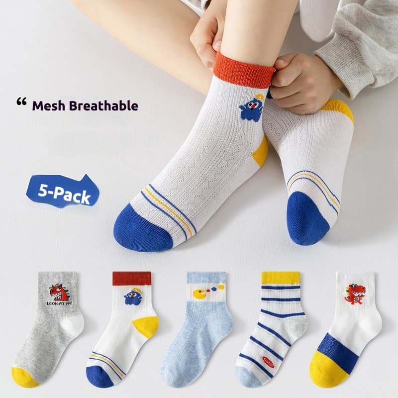 [5PCS] Novo estilo de meias de algodão respiráveis de malha fina para meninos