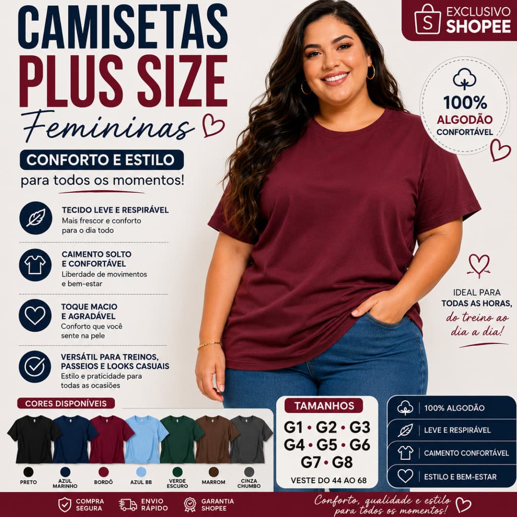 Camiseta G1 ao G8 PLUS SIZE Feminina  100% Algodão (1 unidade) G1 G2 G3  G4 G5 G6 G7 G8