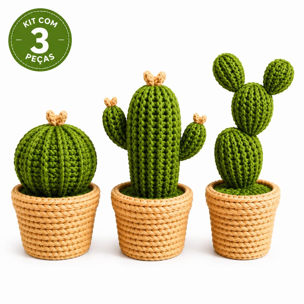Kit 3 Cactos Decorativos com Vaso Efeito Tricô 3D Decoração Minimalista para Sala Quarto Escritório Mesa Estante