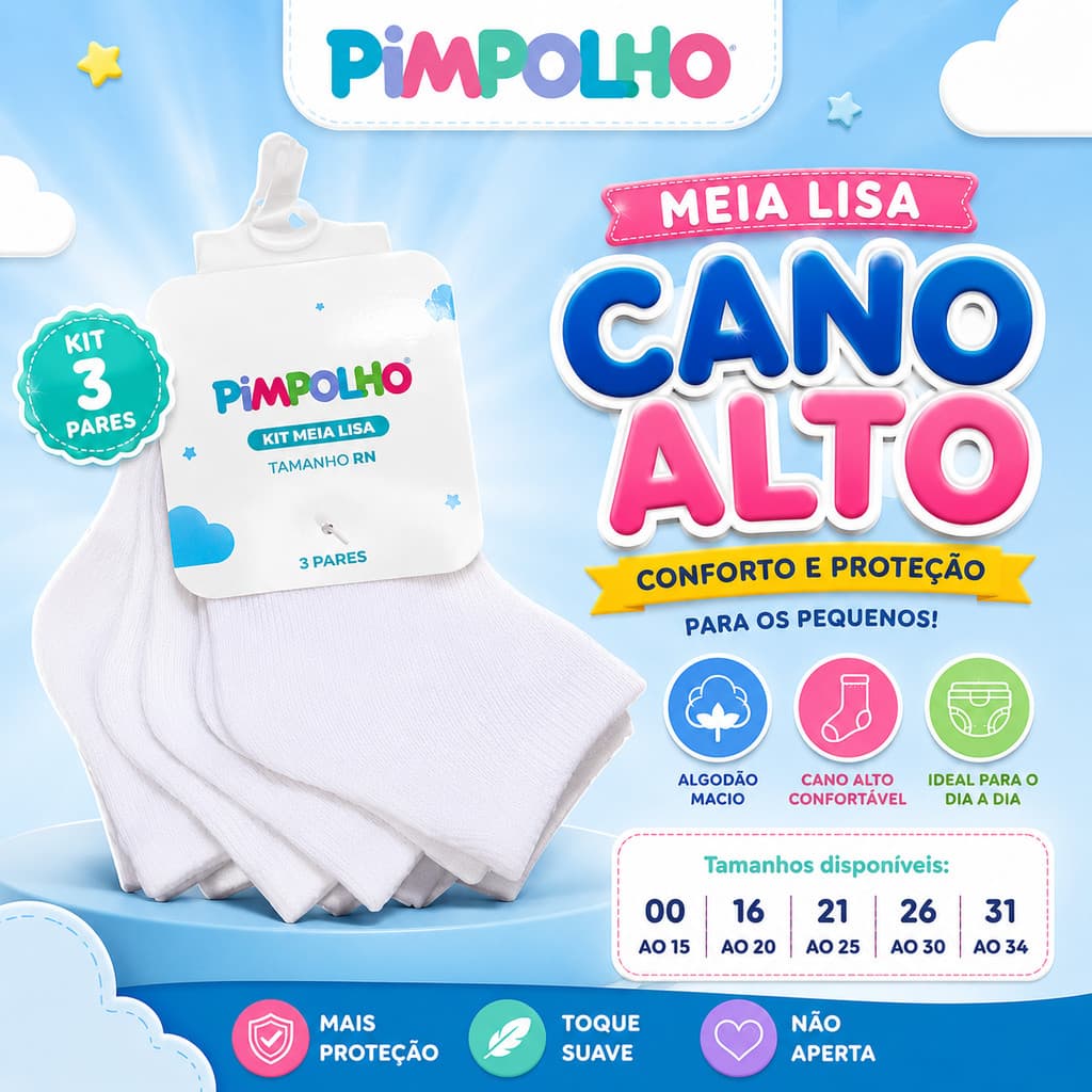 Kit 3 Pares Meia Infantil Bebê Cano Alto Branca Algodão Pimpolho Menino Menina unissex