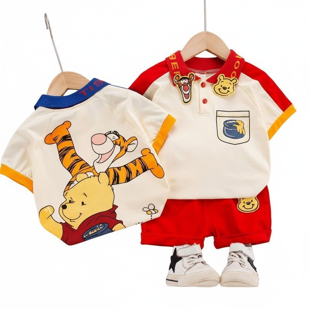 Conjunto de Verão do Winnie The Pooh para Meninos, Conjunto de 2 Peças com Mangas Curtas e Estampa de Desenho Animado, R