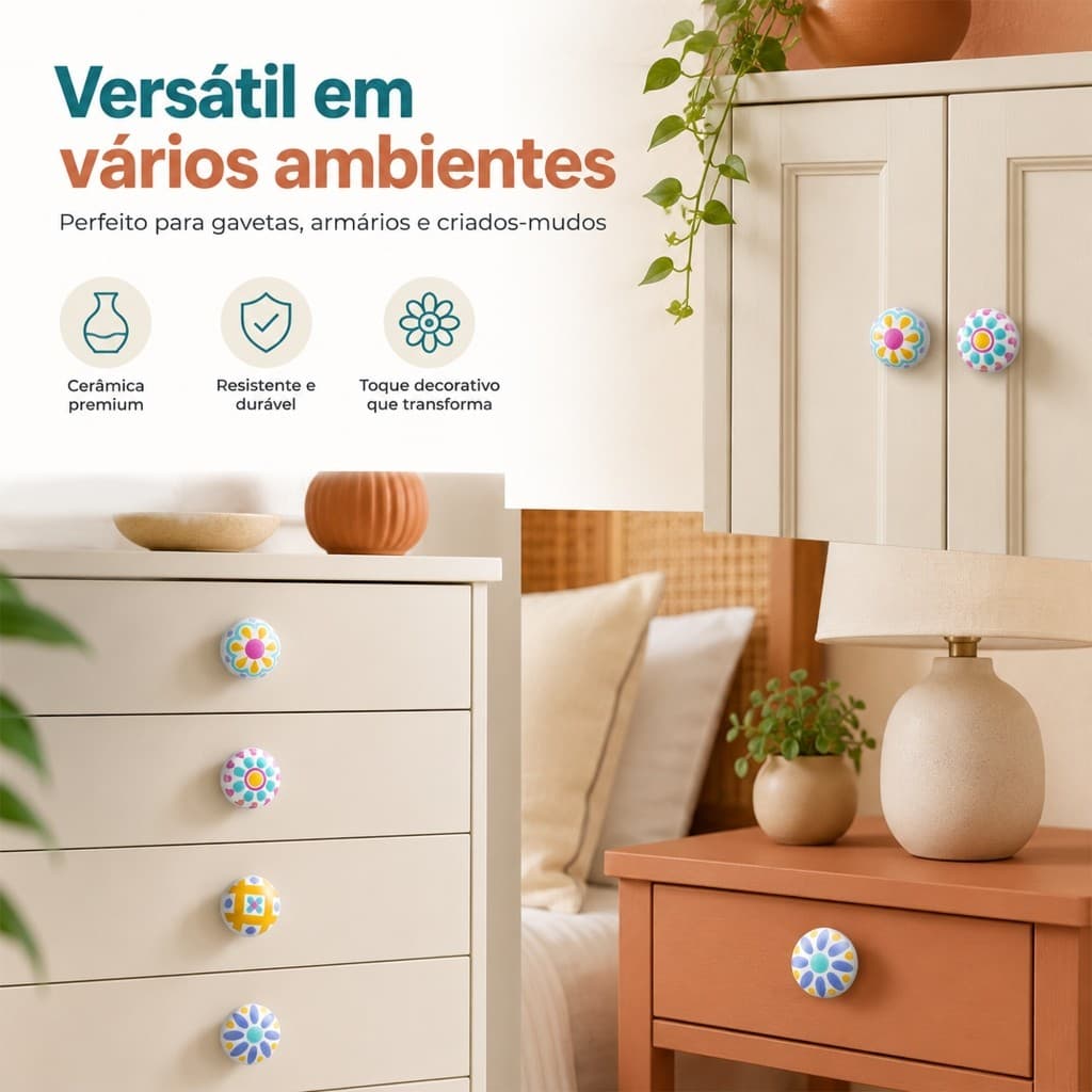 [Kits 2 ou 4] Puxador de Cerâmica Vintage Gaveta Armário Móveis Retrô Pintado à Mão