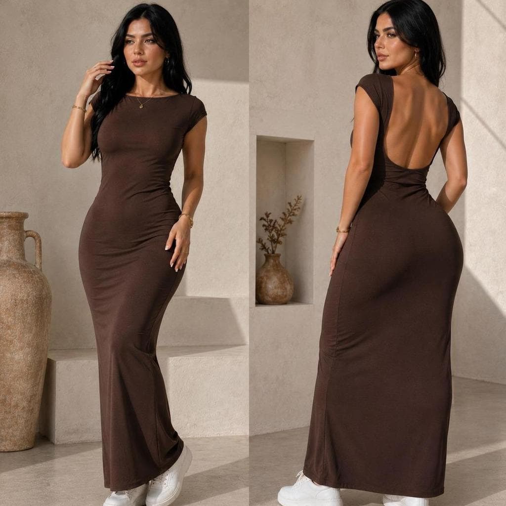 Vestido Longo Costas Nuas Femenino com Gola Canoa  Casual e Estiloso Corte Slim para Ocasiões Casual e Estiloso