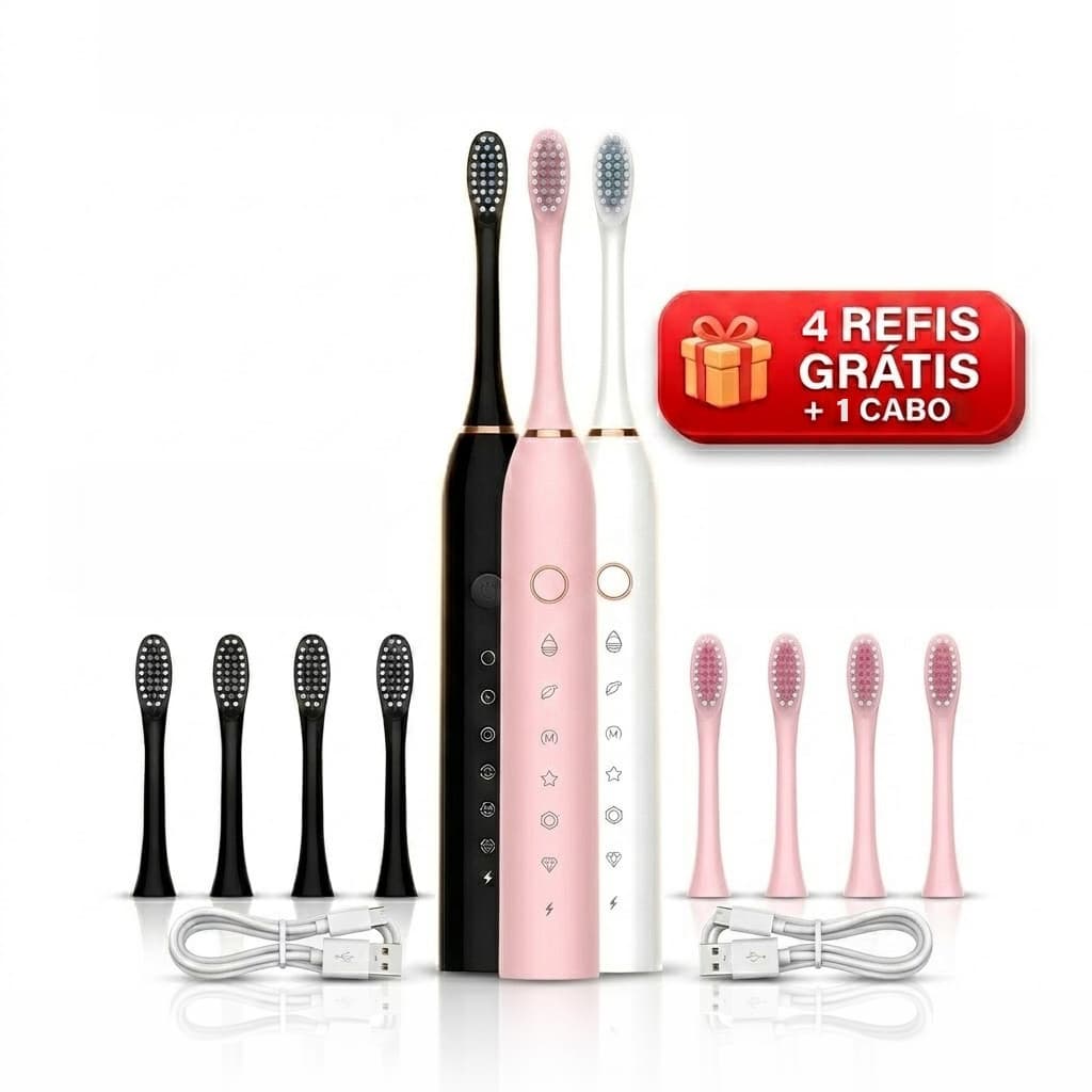 Escova de Dentes Elétrica Sonic  2un. ou 1un.- Recarregável + 4 Refis Grátis - 6 Modos Limpeza IPX7