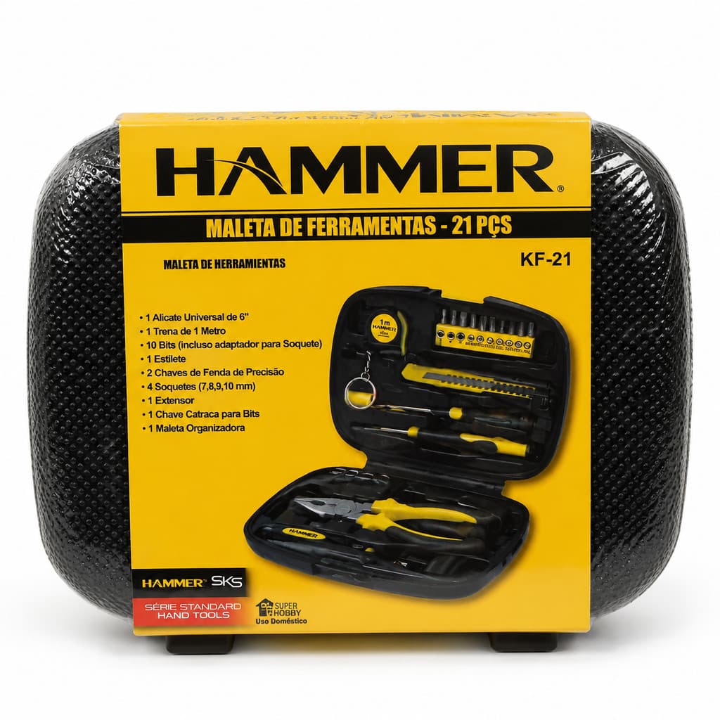 Kit de Ferramentas Hammer 21 Peças Maleta de Ferramentas Multiuso para Reparos e Uso Doméstico