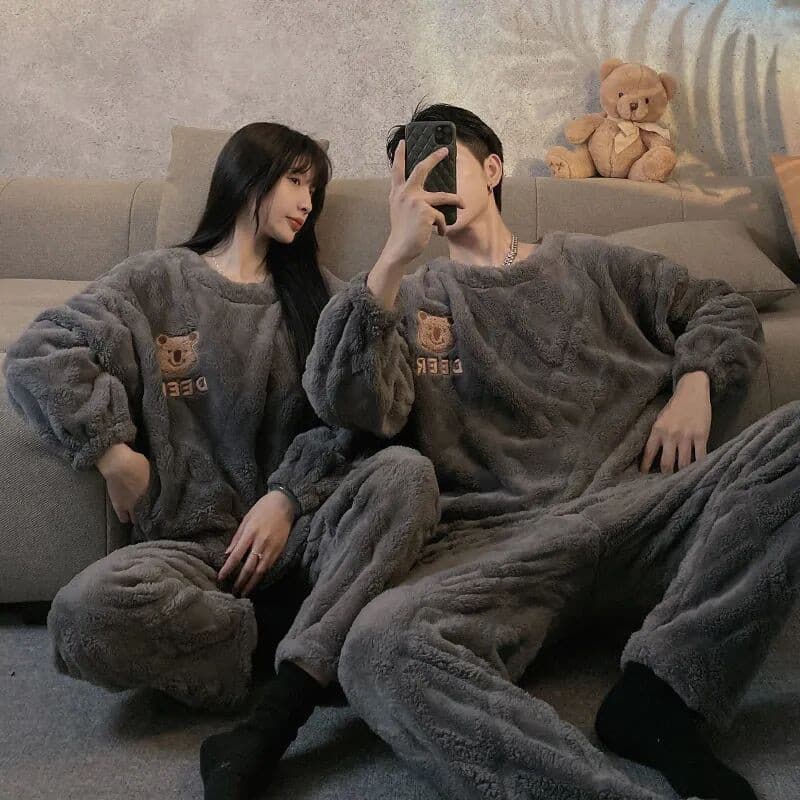 Casal pijamas feminino outono inverno flanela de manga comprida forro de lã masculino engrossado Coral velo Loungewear t