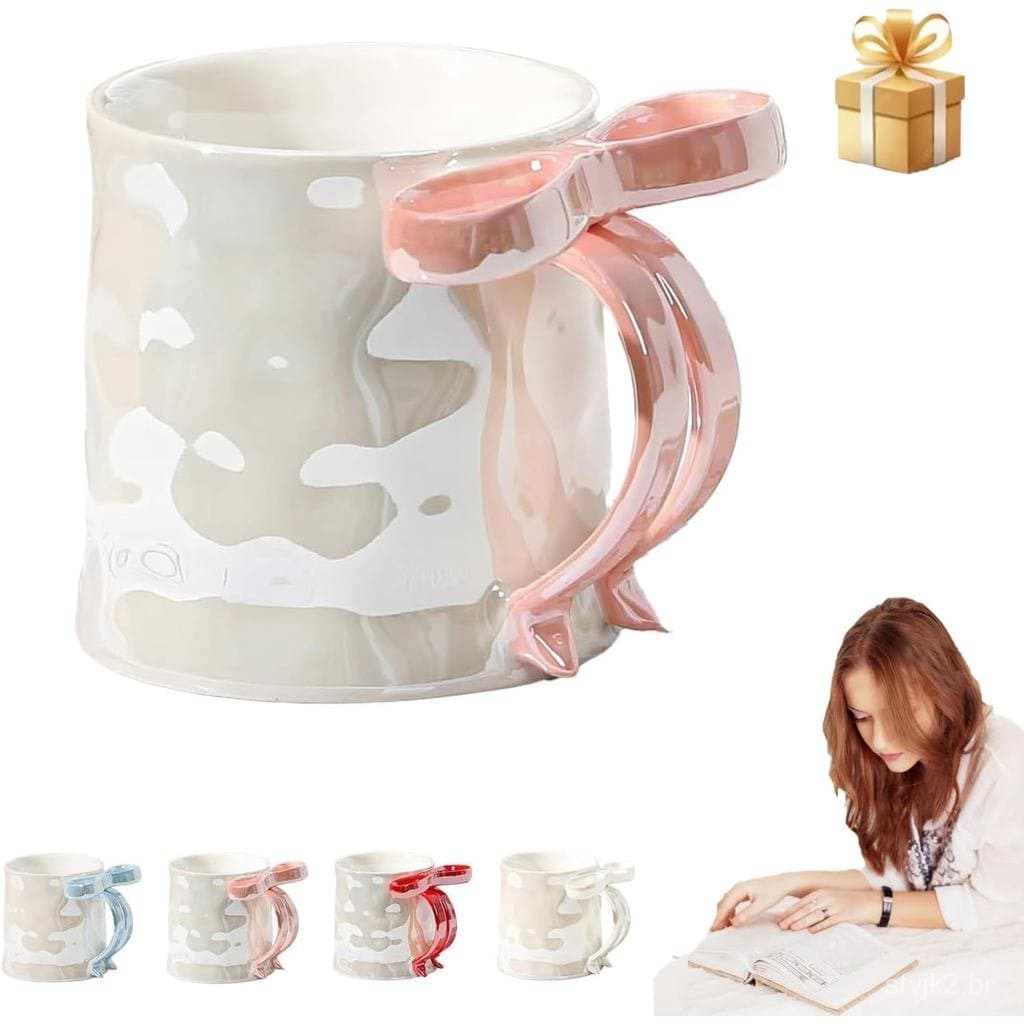 BowMug, BowCoffeeCup, Canecas Encantadoras com Laço de 12,3oz, Seguras para Micro-ondas com Alça de Laço, Caneca com Laç