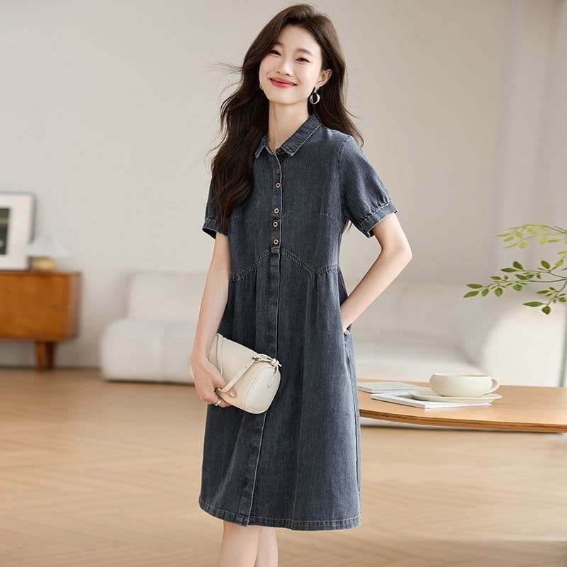 Primavera Plus Size roupas femininas 0 cor sólida Casual All-Match Denim manga curta vestido de comprimento médio