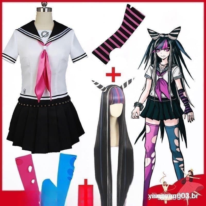 Fantasia Kazumi Eda Cosplay Uniforme Vestido do Anime Super Danganronpa 2 Peruca UPQJ XKED MGTT WZR1 GPUA PVKF DVOD GFC7