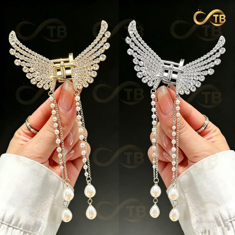 TB Presilha de Cabelo Asa de Anjo com Strass Pérolas Longas Luxo Feminina Dourada Prata