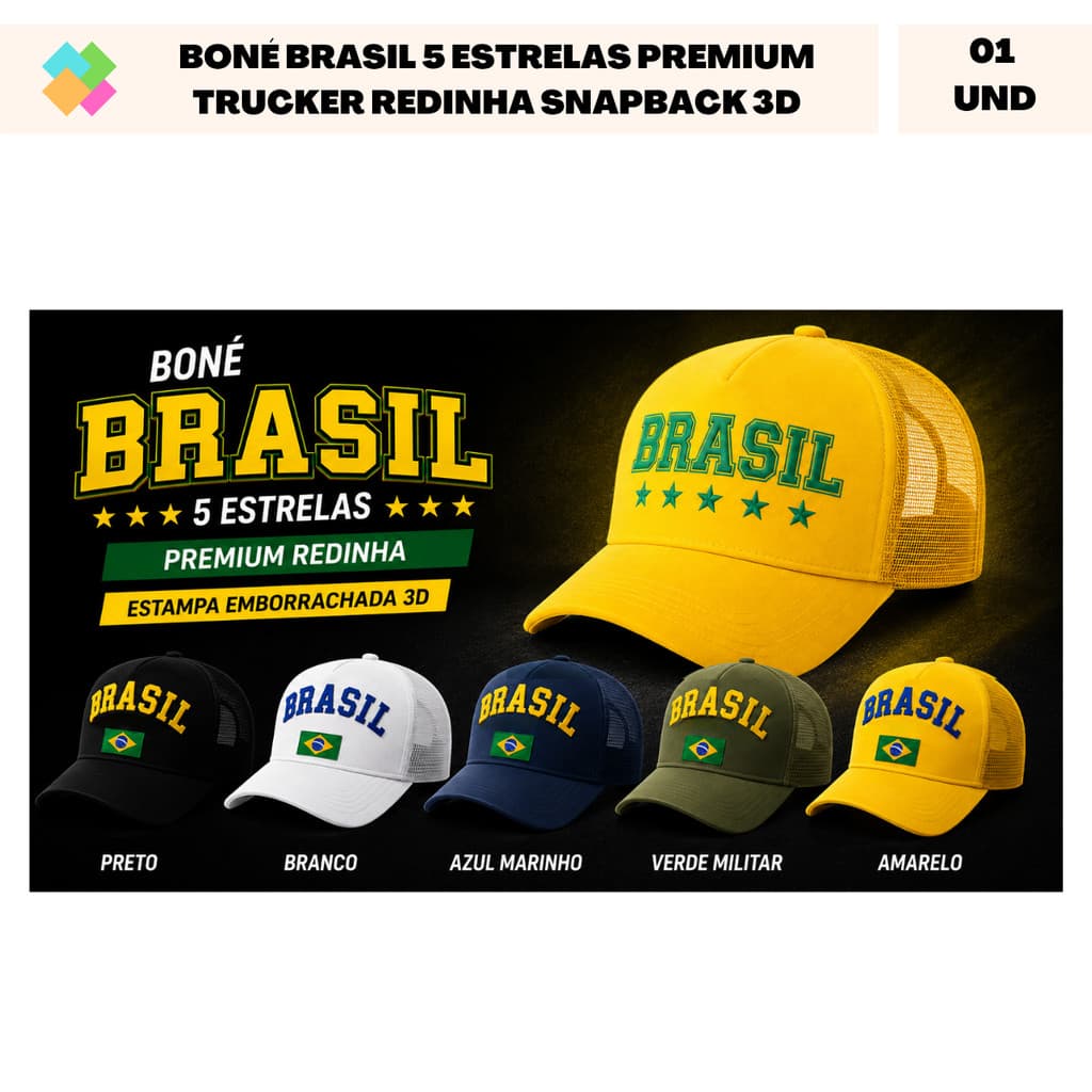 Boné Brasil 5 Estrelas Emborrachado 3D Premium Trucker Redinha Snapback (1 Und)