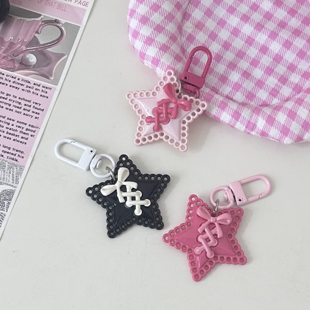 Chaveiro de estrela com alça vazada para meninas, pingente de estrela de cinco pontas delicado, pingente de laço fofo pa