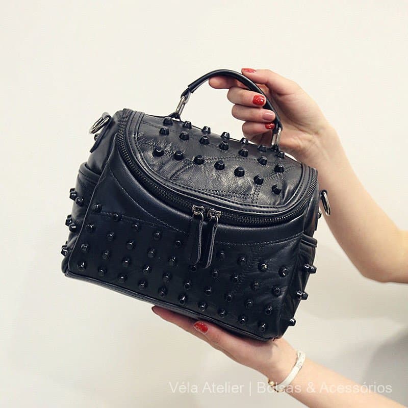 Bolsa de Mão Feminina de Couro Sintético com Tachas e Zíper para Passeio e Uso Diário Estilo Coreano