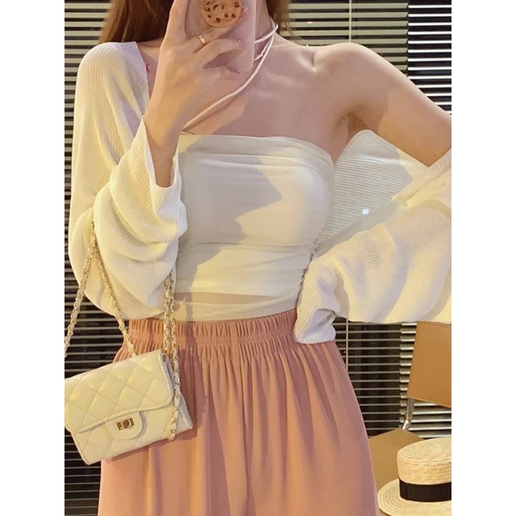 Protetor solar Cardigan blusa topo xale 2026 novo estilo verão feminino colete branco camisola de seda gelo feminino est