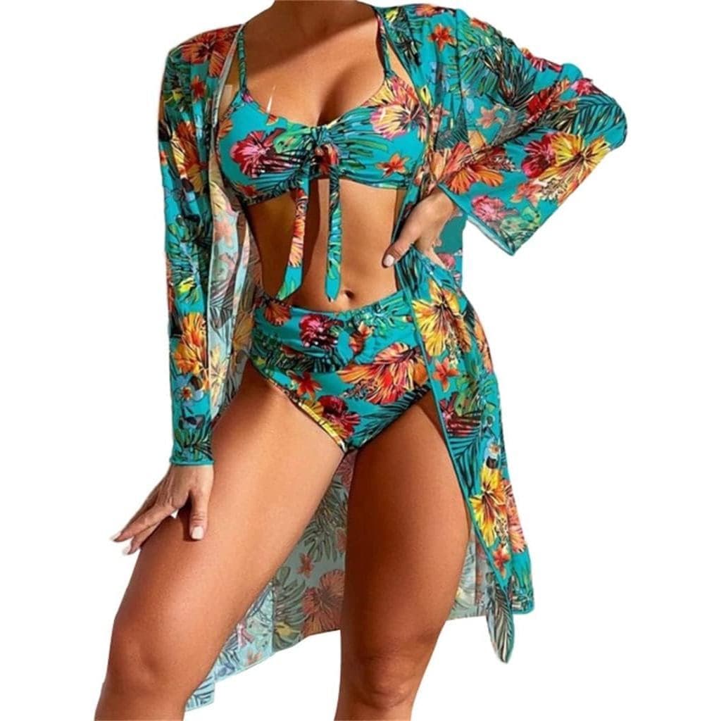 Biquínis De Alça Espaguete Roupa De Banho Para Mulheres 3 Peças Maiô Dividido Feminino Estampa Floral Com Saída De Quimo