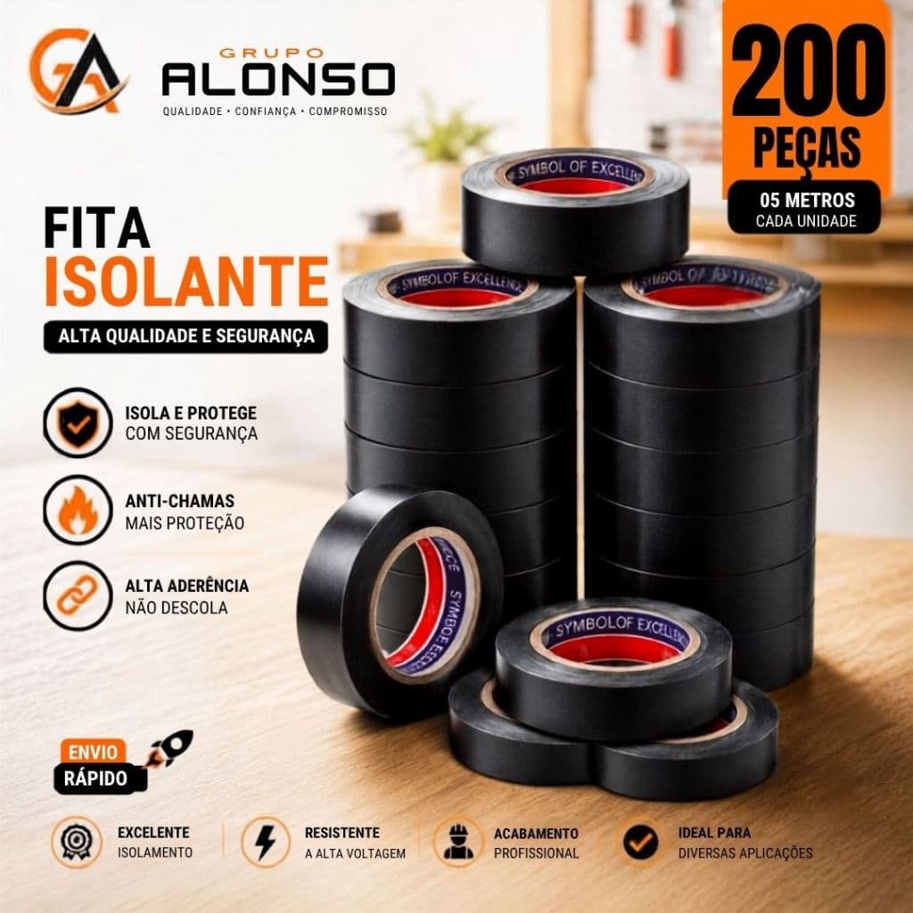 Kit 200/100 Fita Isolante Antichamas Preta 5 Metros Alta Resistência para Serviços Elétricas