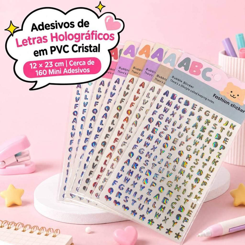 Kit 3/6/12 Cartela Adesivo Fashion Sticker Letras ABC Holográfico PVC Cristal para Caderno Scrapbook Agenda