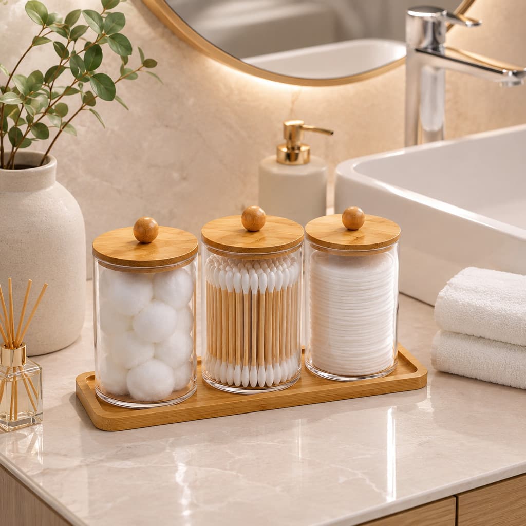 Kit Organizador Porta Algodão E Cotonete Acrílico Tampa Bambu Luxo