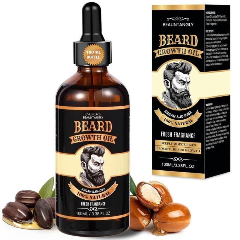 Óleo para Crescimento de Barba Masculina, 100% Puro, Contém Óleo de Argan, Óleo de Jojoba, Óleo de Rícino - 3.38FL/100ML