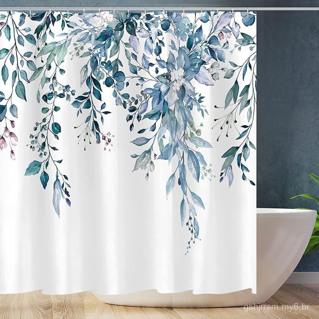 Cortina de Chuveiro Tititex com Folhas de Eucalipto Azul, Folhas em Aquarela no Topo da Planta com Decoração Floral para