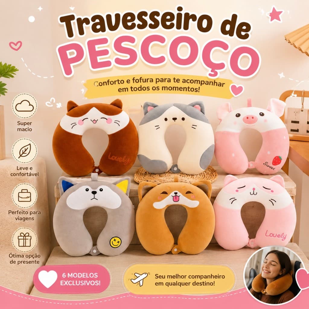 Almofada de Pescoço Animal Fofinho 30×30cm – Conforto para Viagens e Presente Perfeito