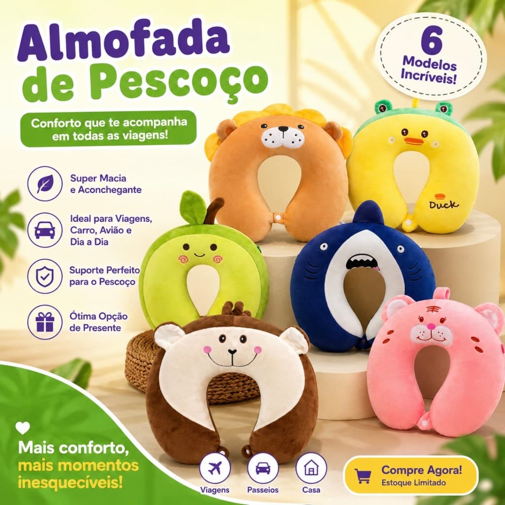 Travesseiro de Pescoço Pelúcia Animal 30×30cm – Almofada Fofa para Viagem e Descanso