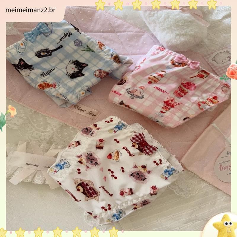 Japonês bonito gatinho sobremesa menina xadrez Bowknot alça fina oco Briefs doce puro desejo calcinha feminina