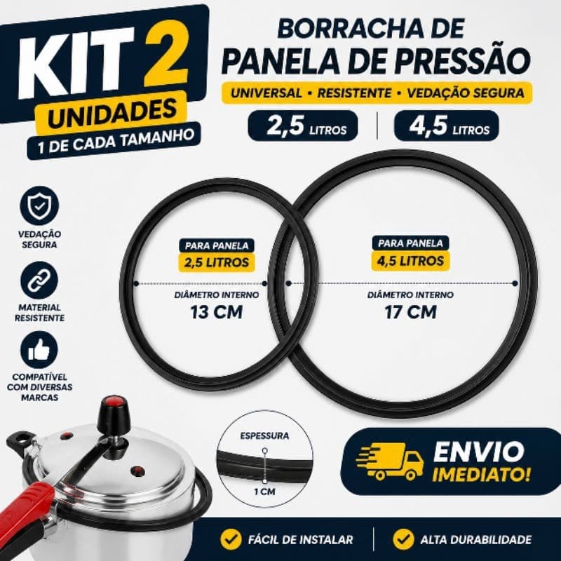 Kit 2 Borrachas Panela de Pressão Universal 2,5L e 4,5L 1 de Cada Tamanho Vedação Preta