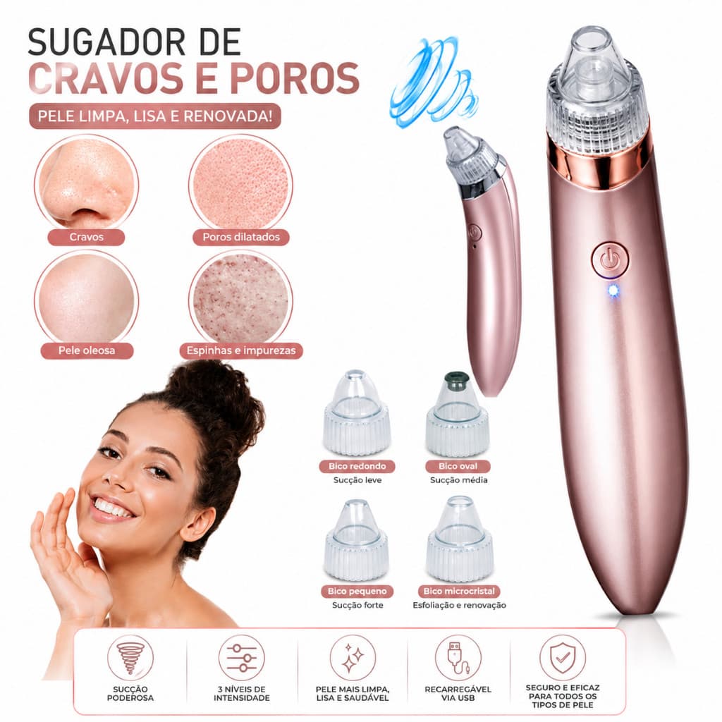 Tira Cravos E Espinhas Facial Elétrico A Vácuo Recarregável 4 Bicos