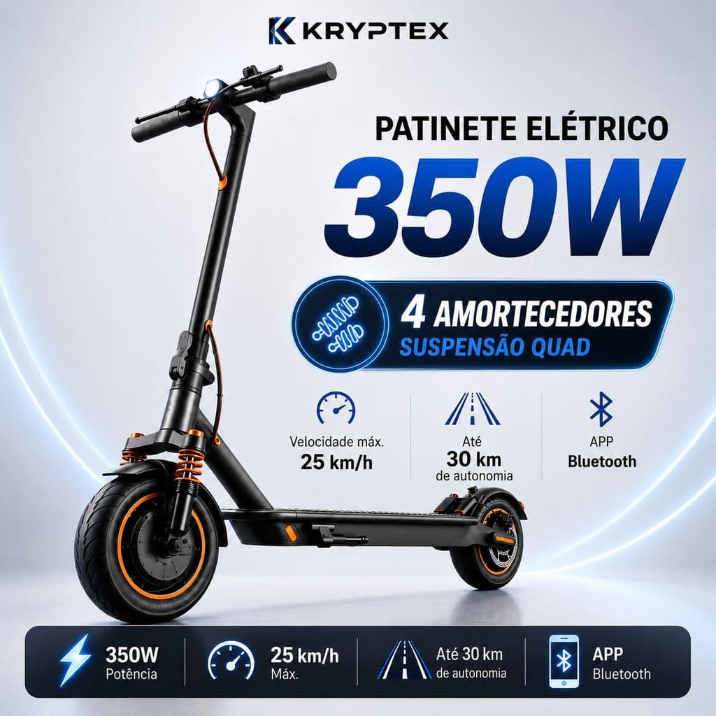 Scooter Elétrico KRYPTEX 350W Dobrável 25km/h Alcance 30km Suspensão 4 Amortecedores App Bluetooth