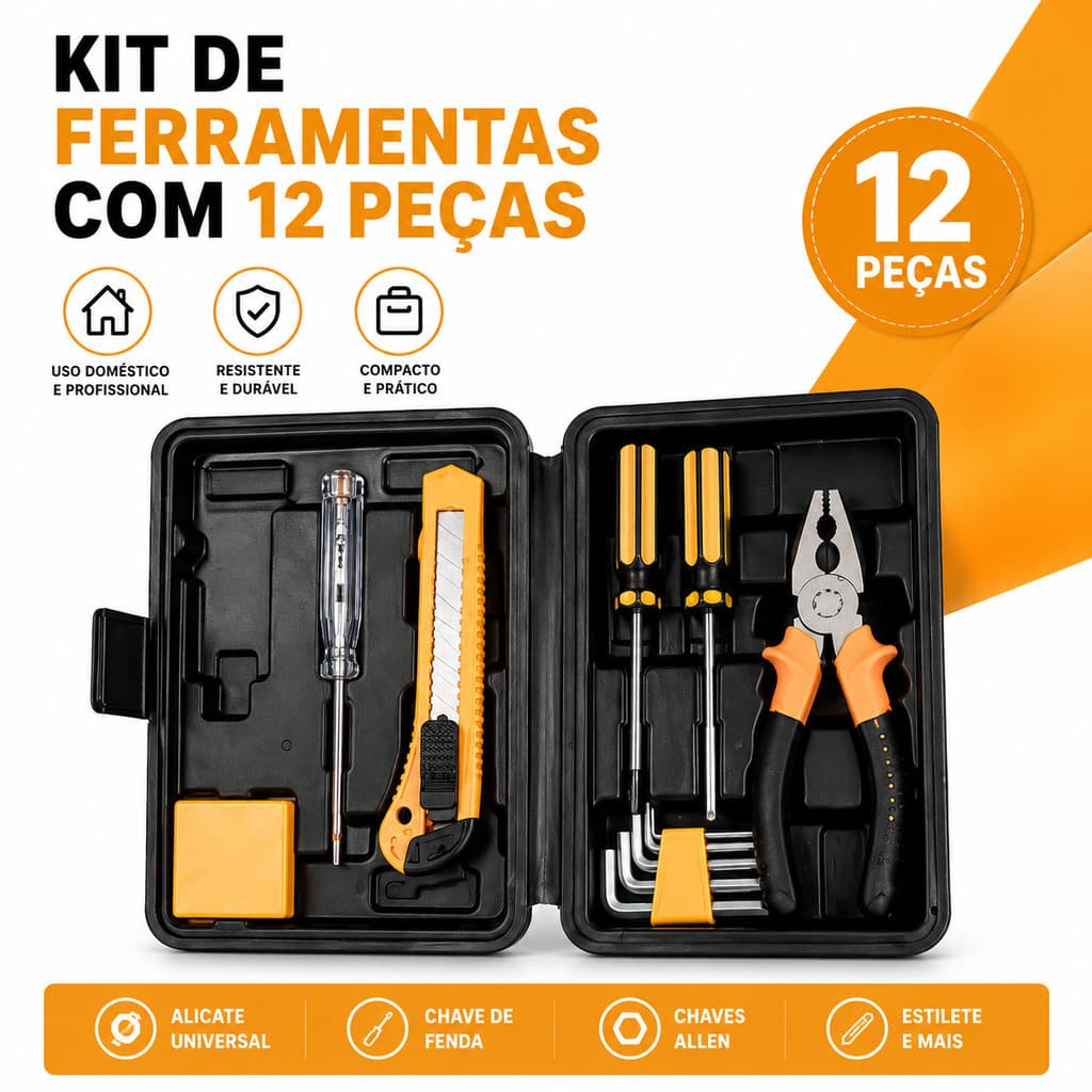 Jogo de Ferramentas 12 Peças Portátil com Maleta Compacta para Reparos Domésticos e Manutenção