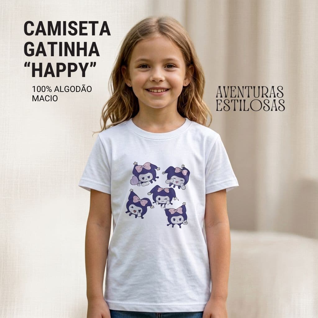 Camiseta Infantil Gatinha Happy Branca | Roupa Infantil 100% Algodão Estampada
