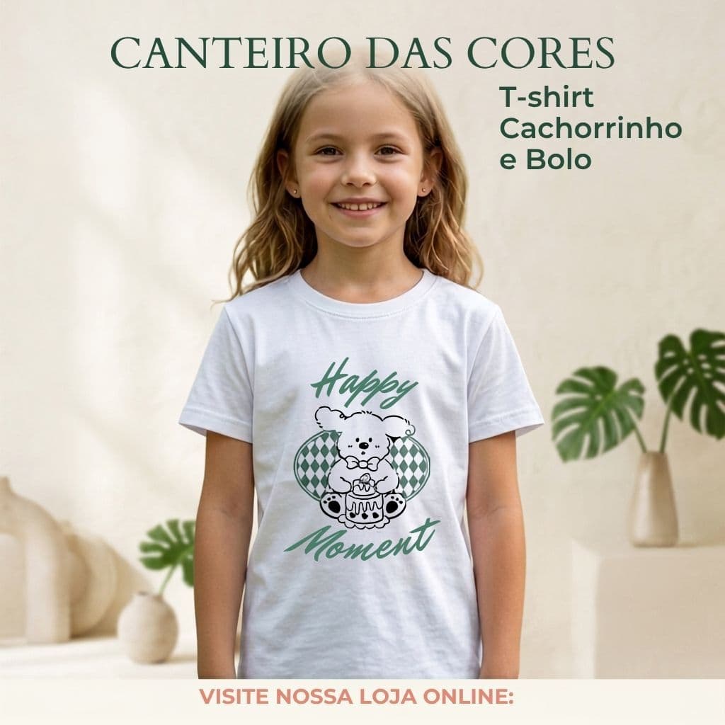 T-Shirt Infantil Cachorrinho e Bolo Branca | Blusa Menina 100% Algodão