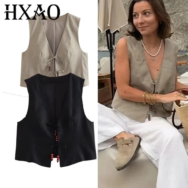 Colete Feminino HXAO 2024 com Detalhes em Pedraria, Sem Mangas, Estilo Casual de Verão, Top de Linho Elegante, Casaco Cu