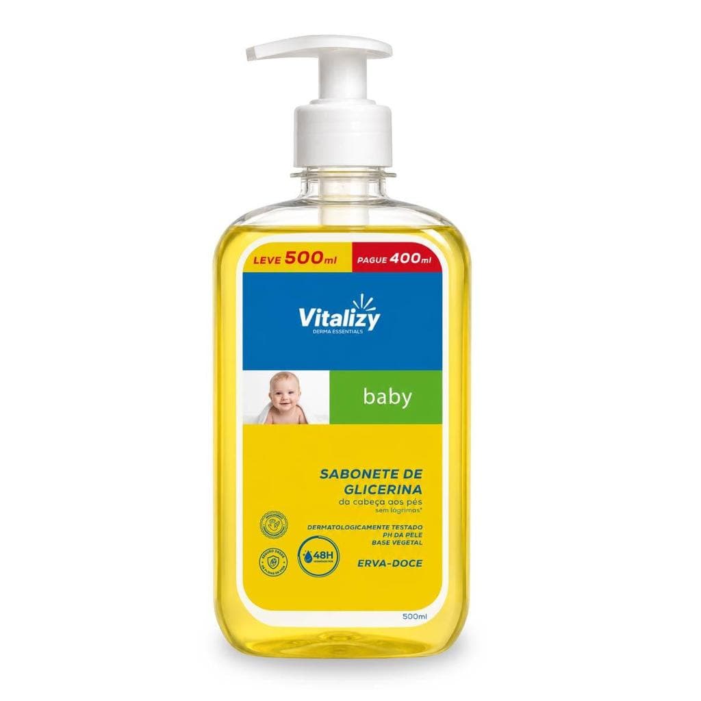 Sabonete Líquido Bebê de Glicerina 500ml Sem Lágrimas Erva-Doce Dermatologicamente Testado Base Vegetal Vitalizy