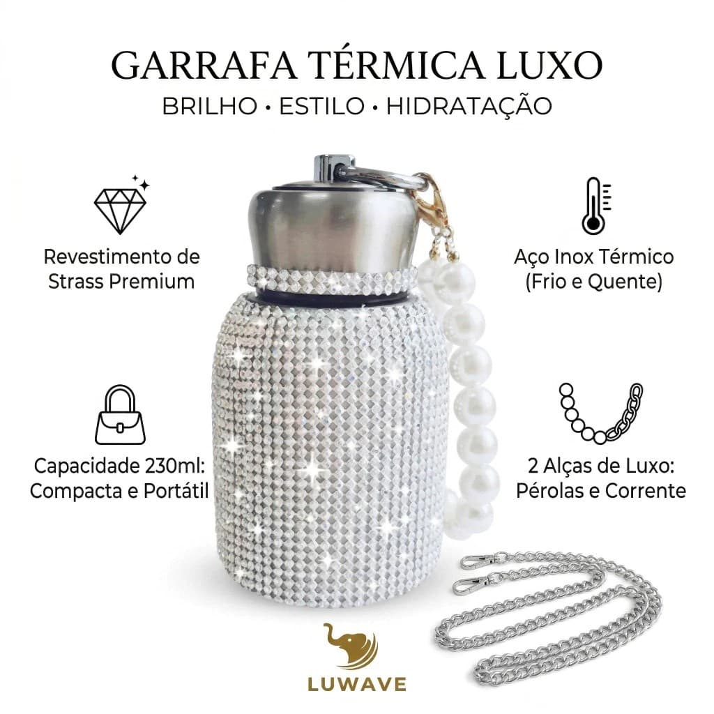 Garrafa Térmica Inox 230ml com Strass Squeeze Academia Garrafa de Água Feminina Portátil Brilhante