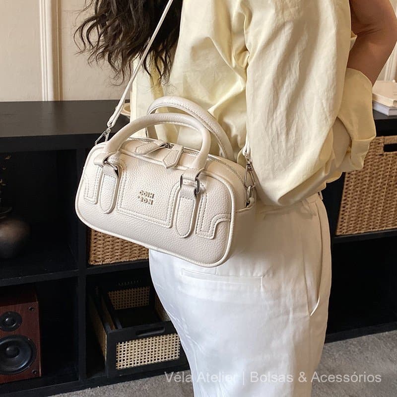 Bolsa Feminina Estilo Vintage Pequena Couro PU Bowling Bag Elegante Ombro Transversal Casual