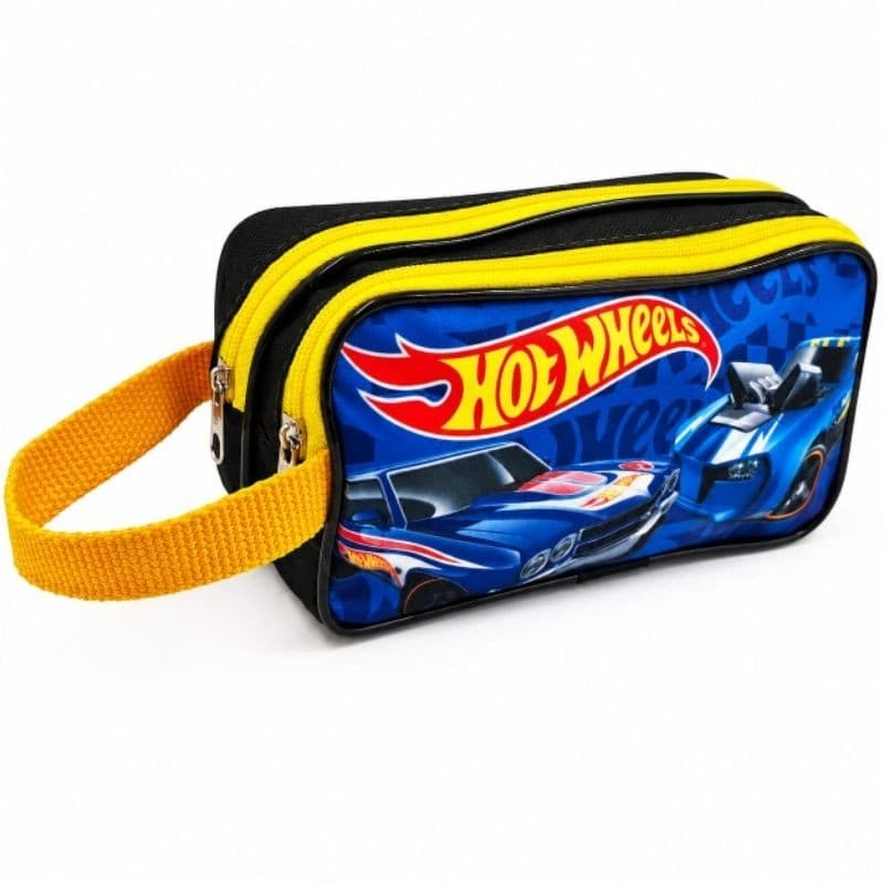Estojo Escolar Infantil Hot Wheels 2 Zíperes Grande Porta Lápis Resistente Menino
