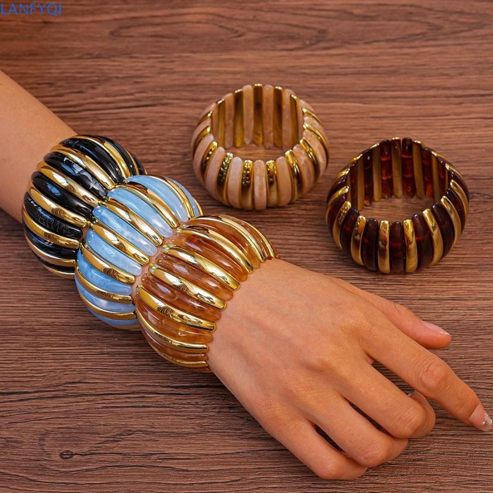 Pulseira Exagerada LANFYQI , De Acrílico Geométrico Com Contas De Corda Elástica , Pulseiras Largas E Grossas